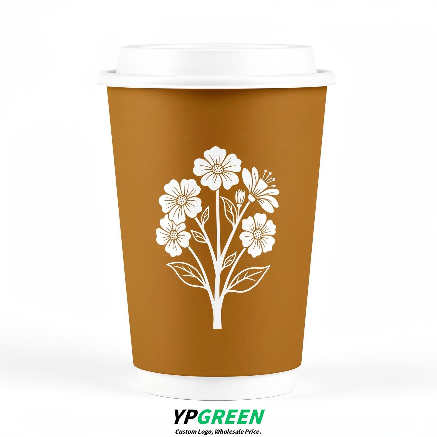 Ochre Floral Paper Cups with Lids 8-24oz