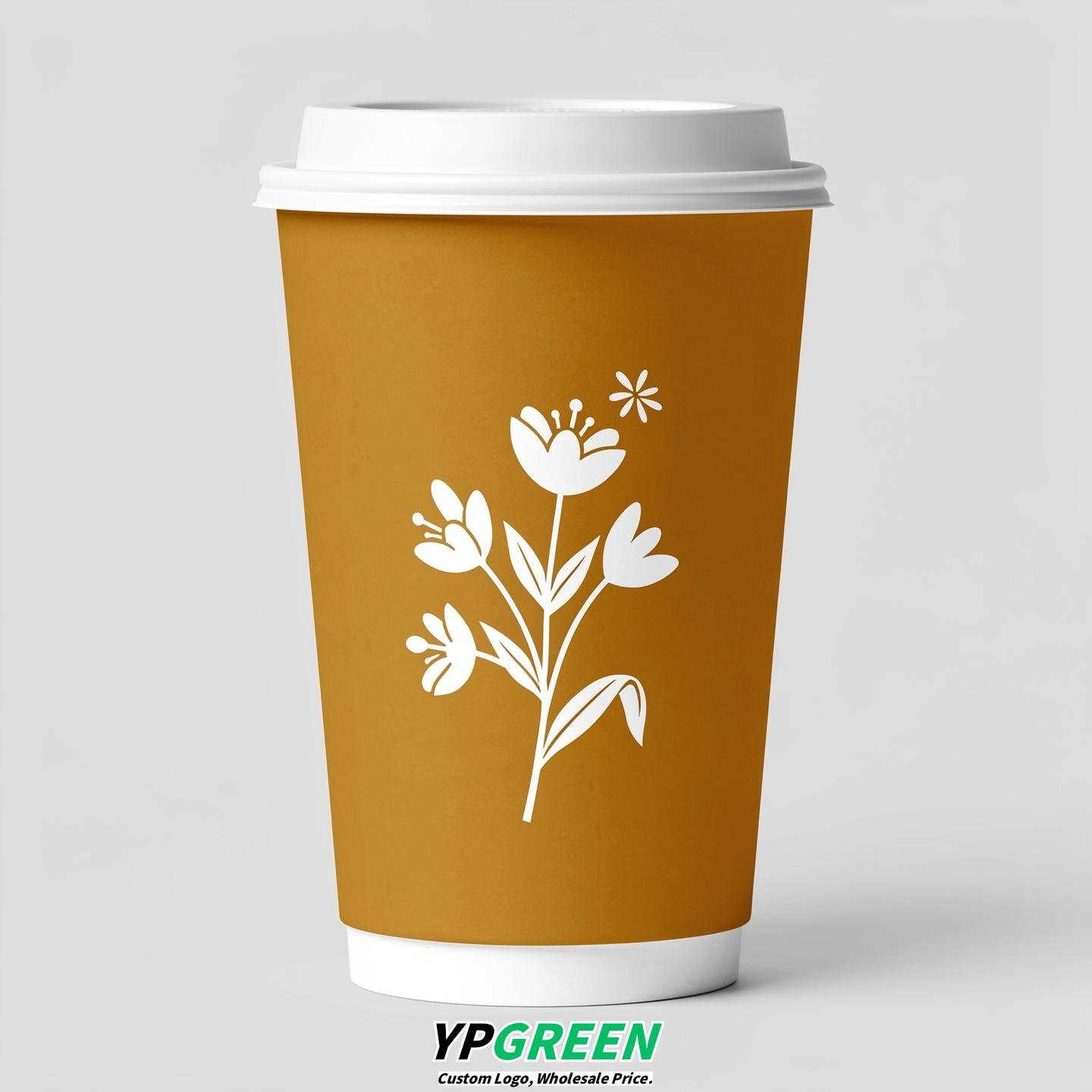 Ochre Floral Paper Cups with Lids 8-24oz