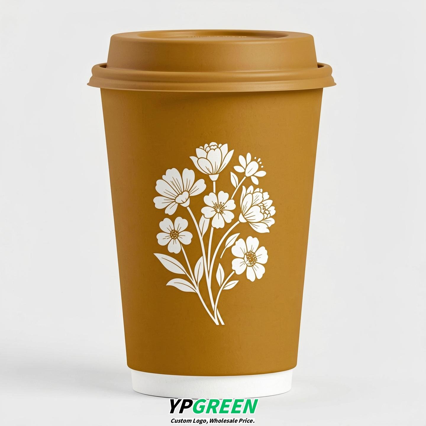 Ochre Floral Paper Cups with Lids 8-24oz