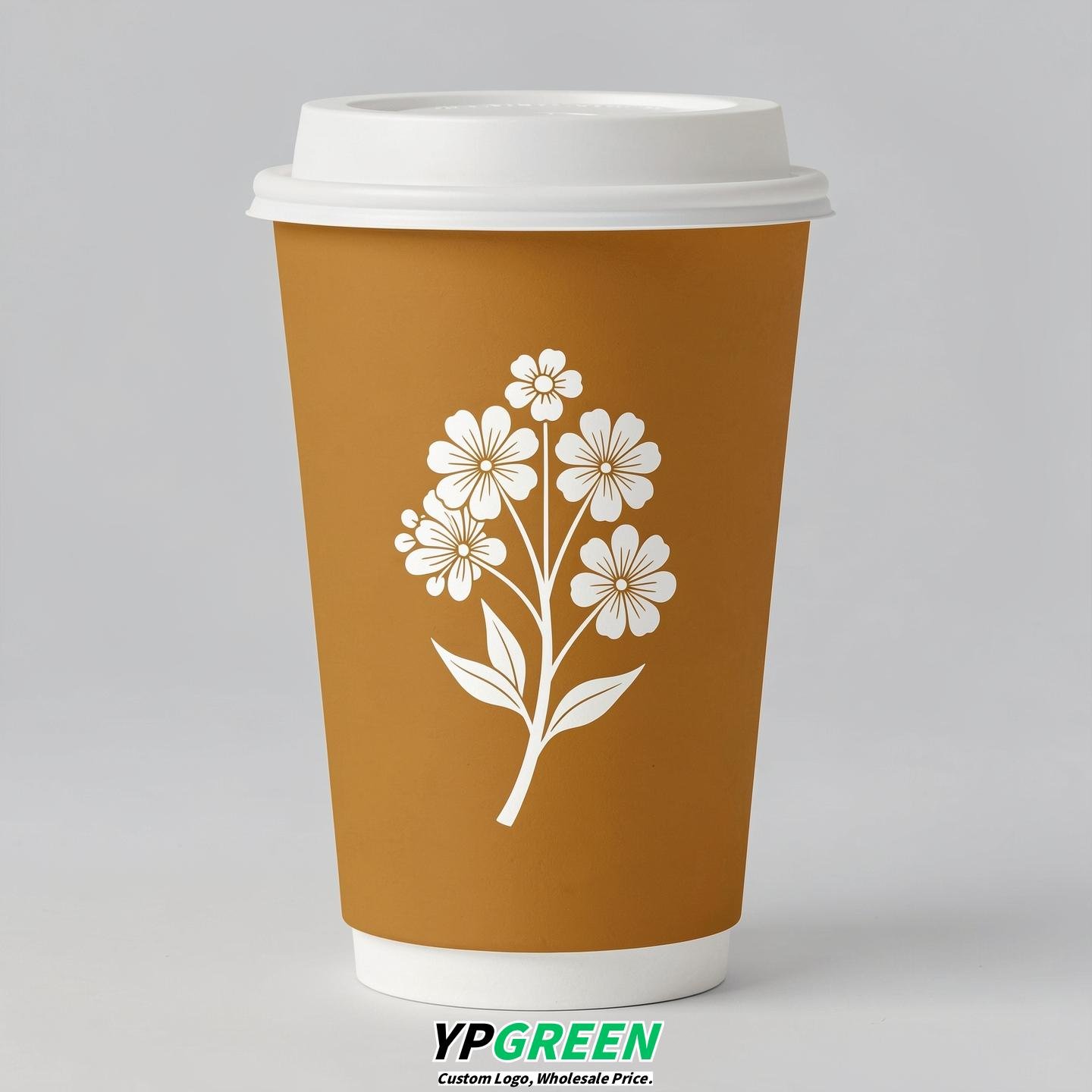 Ochre Floral Paper Cups with Lids 8-24oz