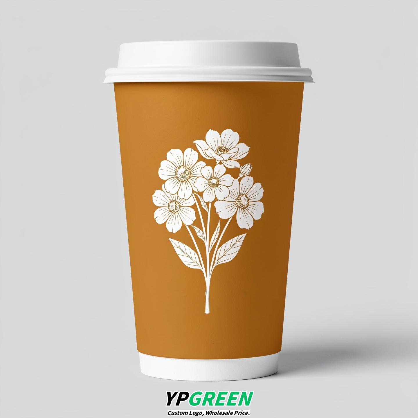 Ochre Floral Paper Cups with Lids 8-24oz