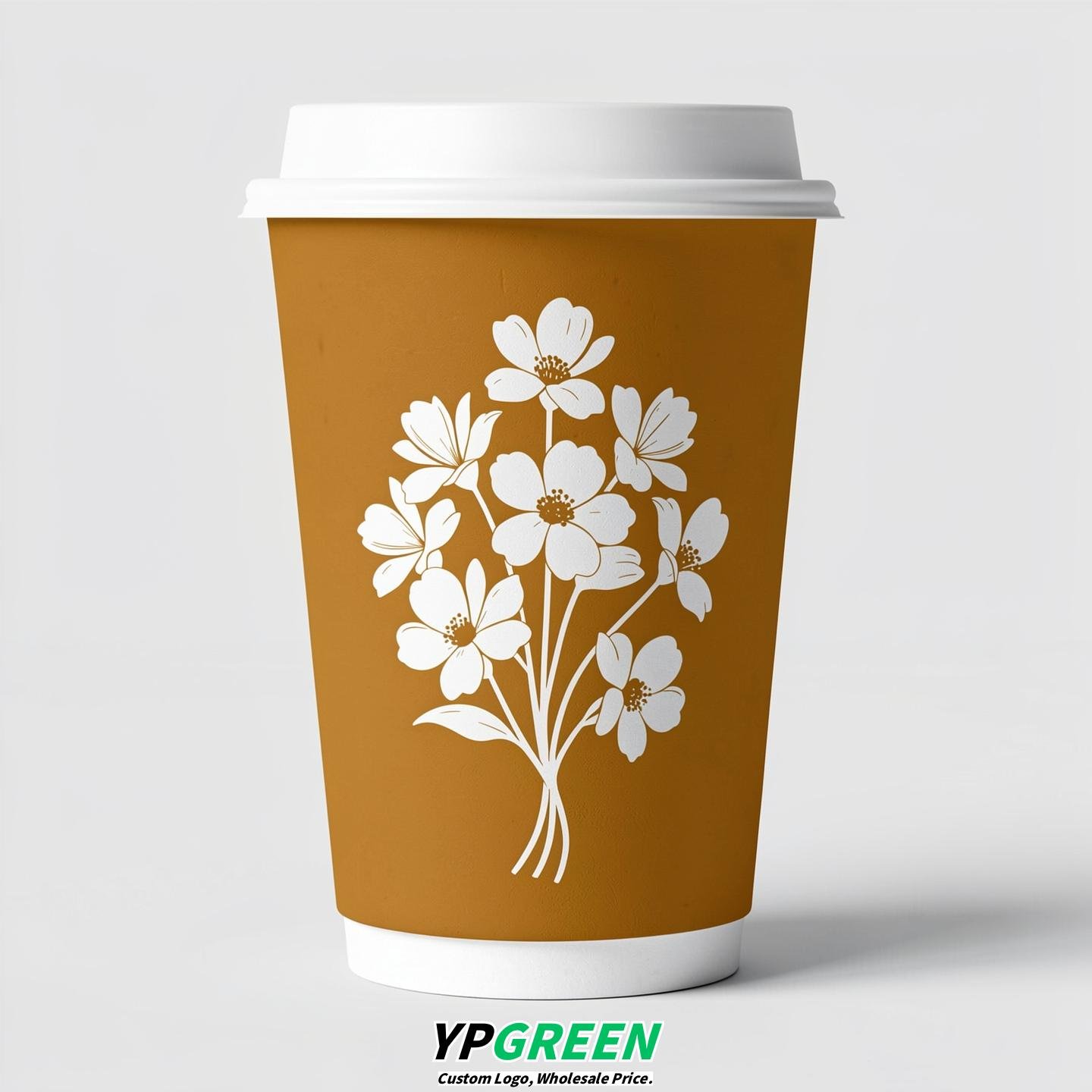 Ochre Floral Paper Cups with Lids 8-24oz