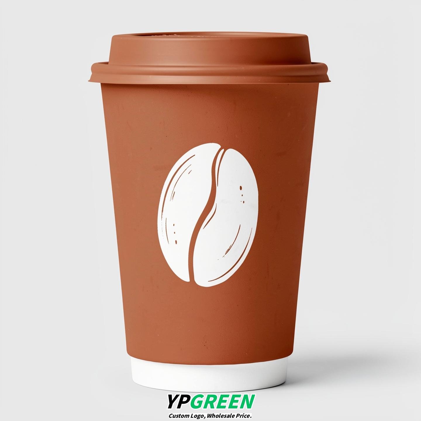 Ochre Paper Cups with Coffee Bean Logo & Lids 8-24oz