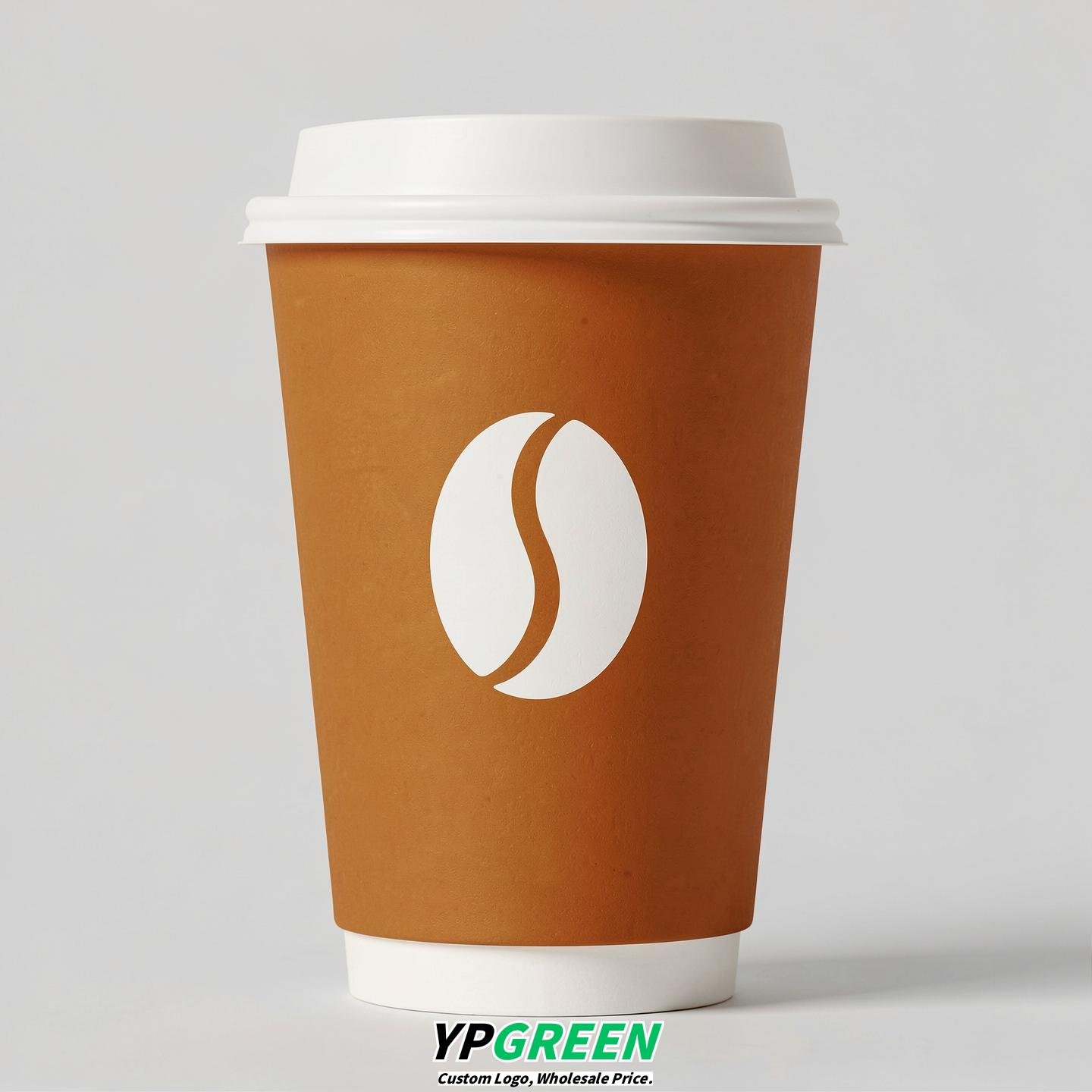 Ochre Paper Cups with Coffee Bean Logo & Lids 8-24oz