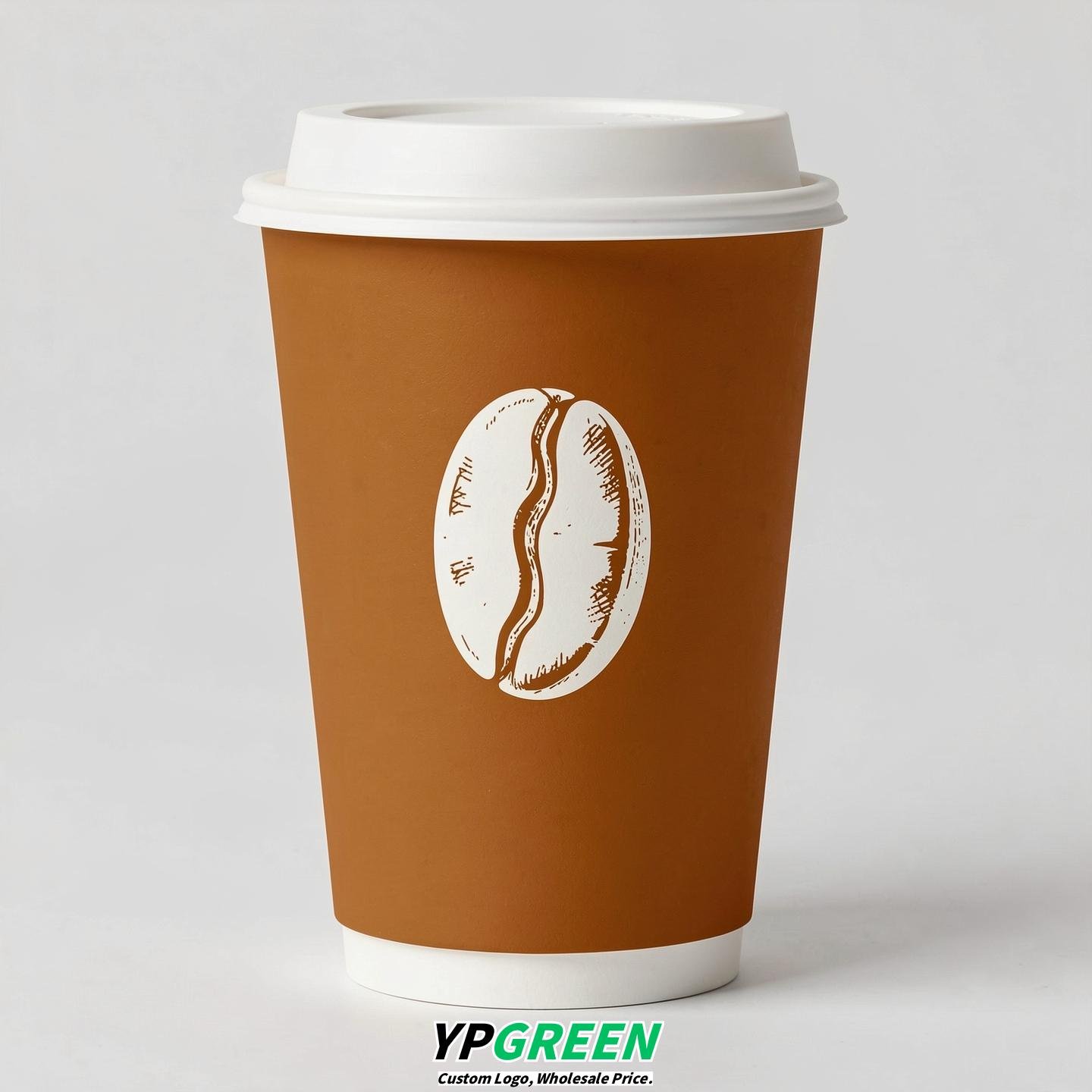 Ochre Paper Cups with Coffee Bean Logo & Lids 8-24oz
