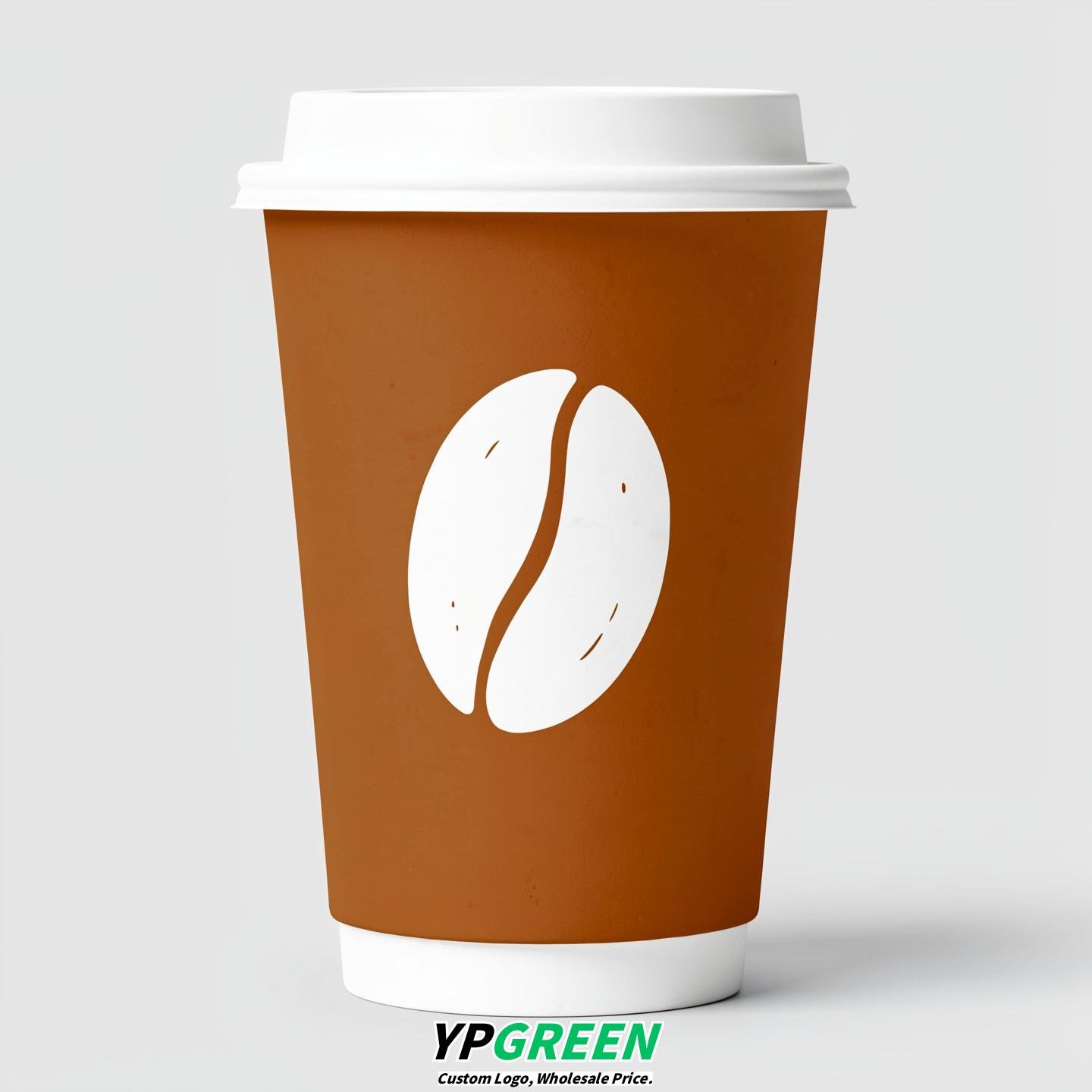 Ochre Paper Cups with Coffee Bean Logo & Lids 8-24oz