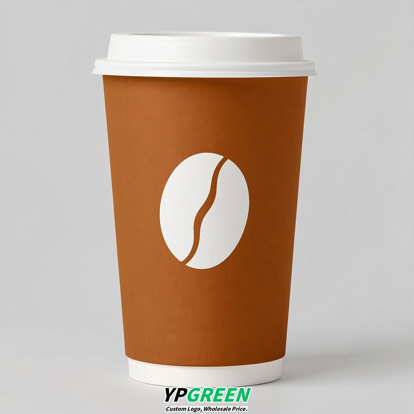 Ochre Paper Cups with Coffee Bean Logo & Lids 8-24oz