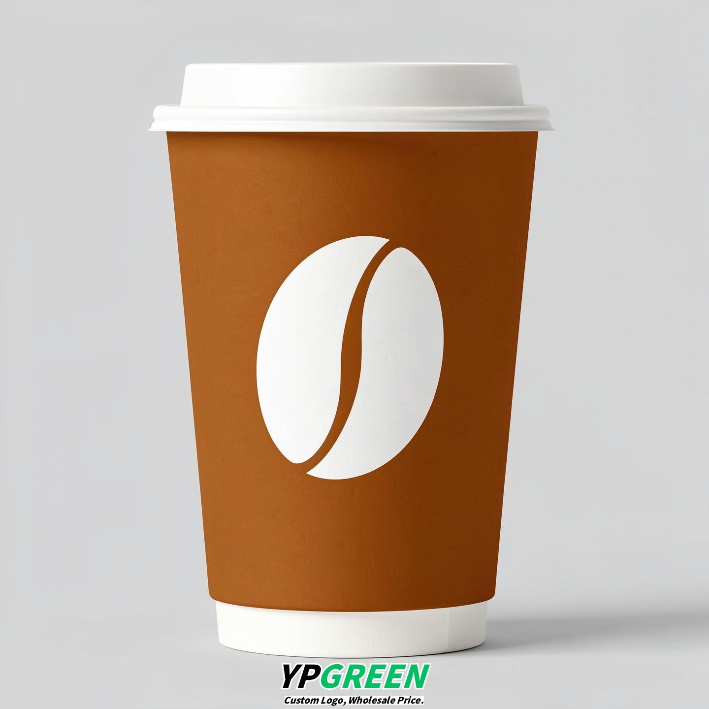 Ochre Paper Cups with Coffee Bean Logo & Lids 8-24oz