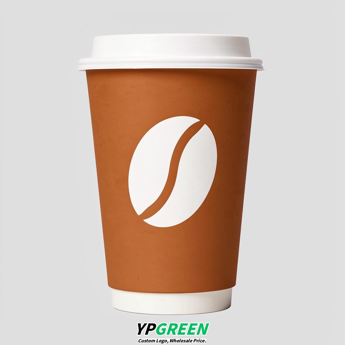 Ochre Paper Cups with Coffee Bean Logo & Lids 8-24oz