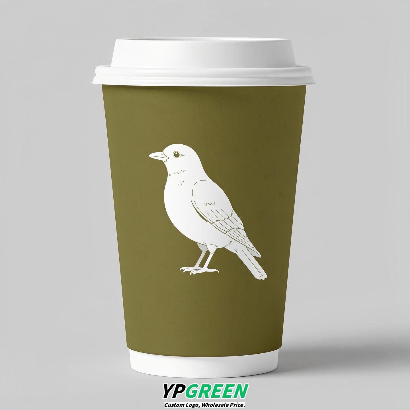 Olive Paper Cups with Bird Logo & Lids 8-24oz