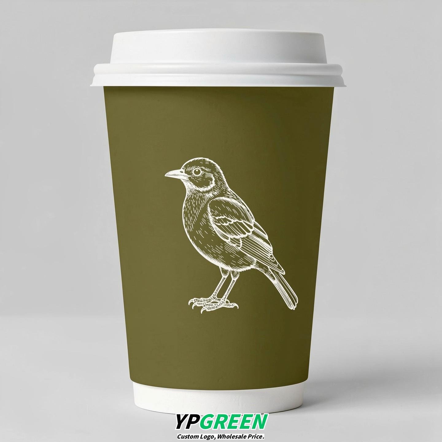 Olive Paper Cups with Bird Logo & Lids 8-24oz