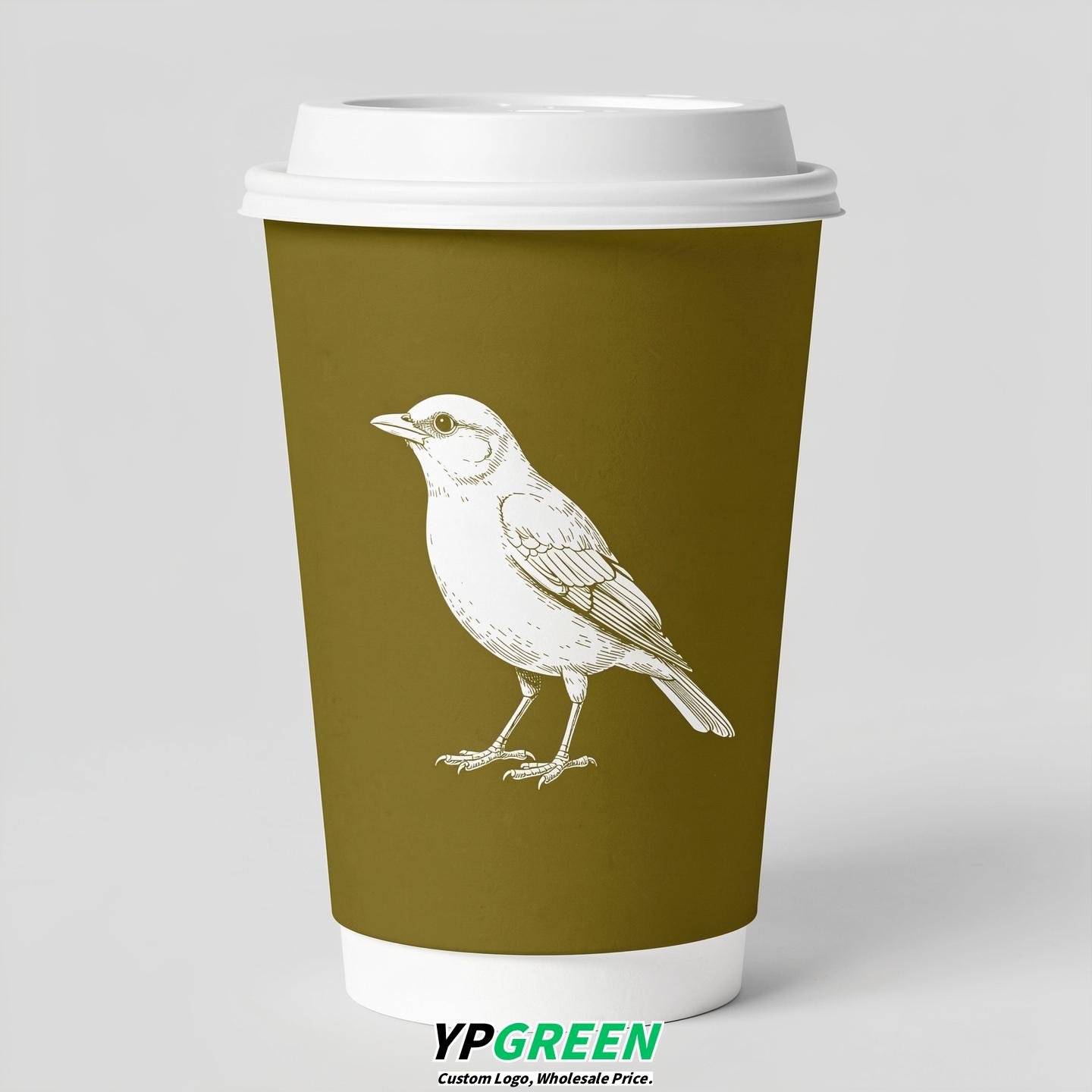 Olive Paper Cups with Bird Logo & Lids 8-24oz
