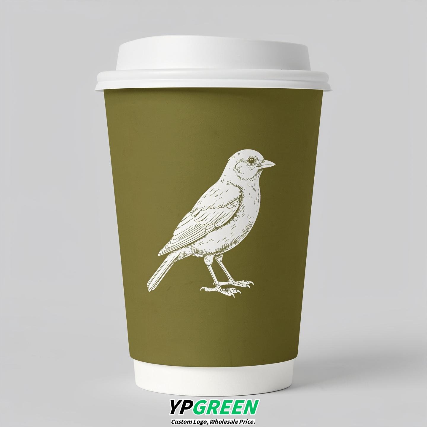 Olive Paper Cups with Bird Logo & Lids 8-24oz
