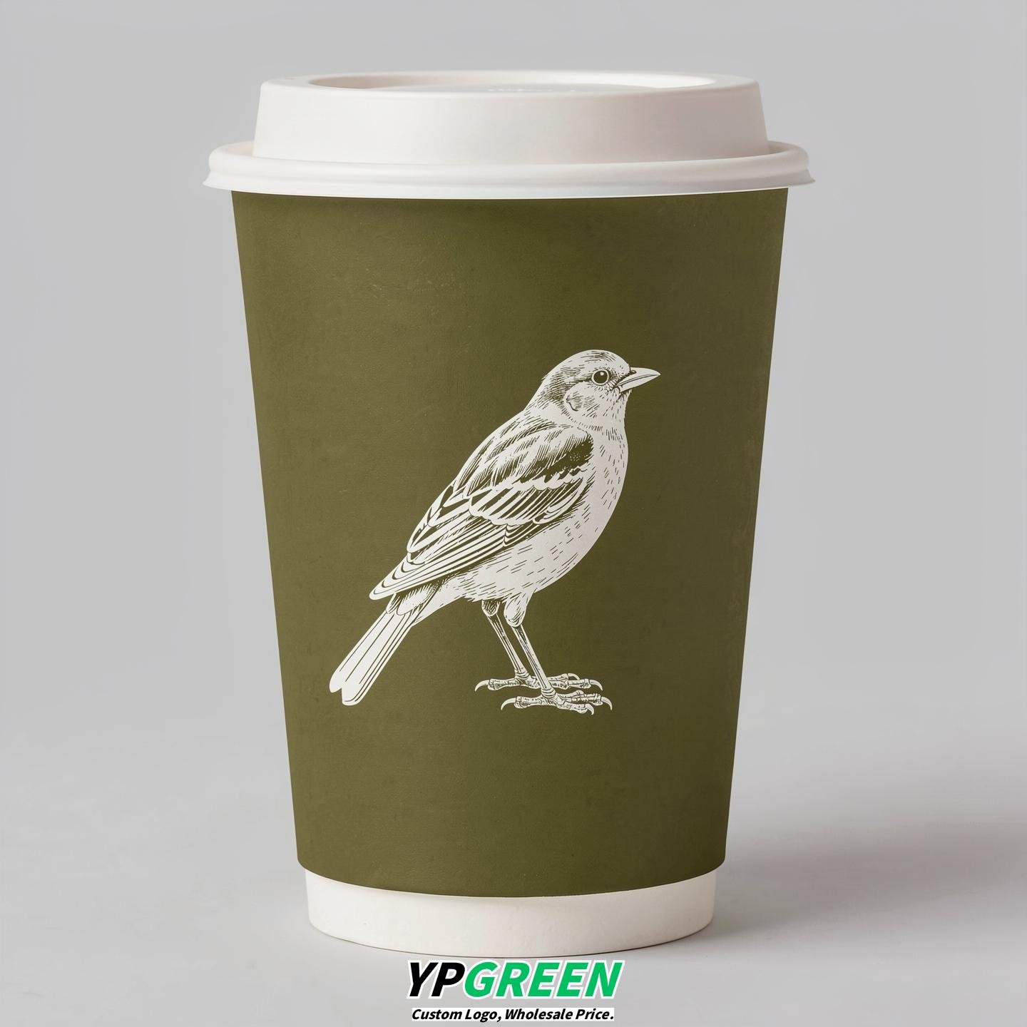 Olive Paper Cups with Bird Logo & Lids 8-24oz