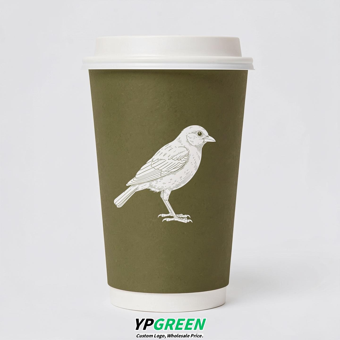 Olive Paper Cups with Bird Logo & Lids 8-24oz
