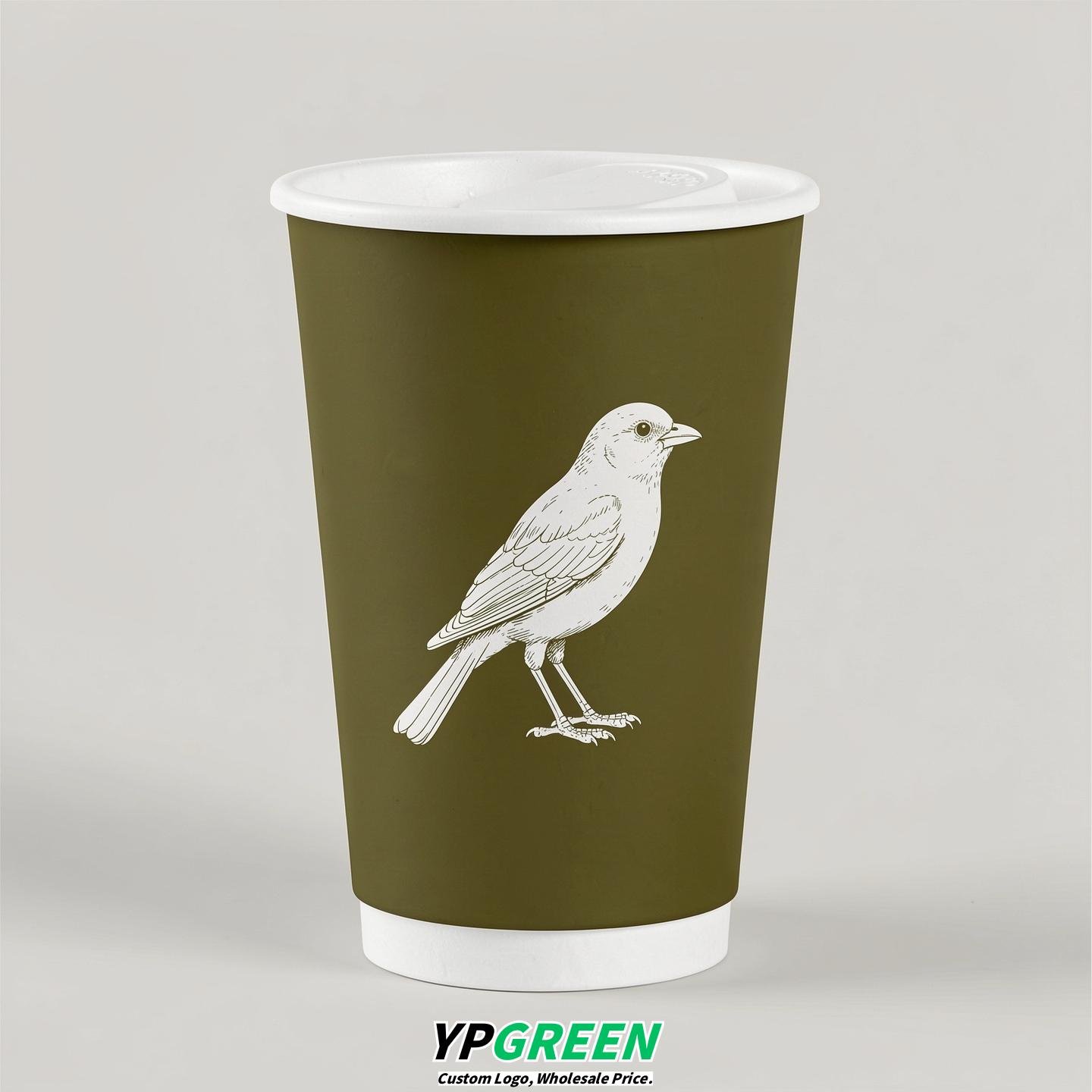 Olive Paper Cups with Bird Logo & Lids 8-24oz