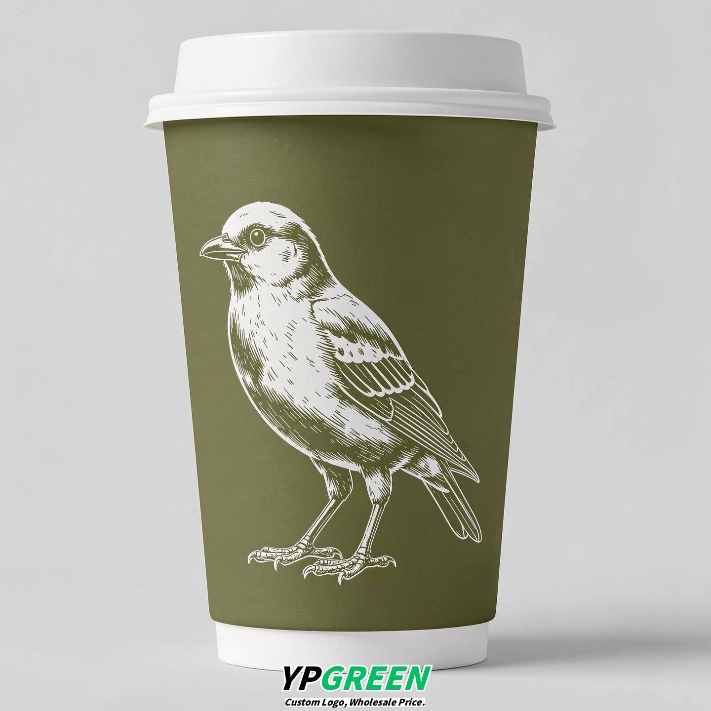 Olive Paper Cups with Bird Logo & Lids 8-24oz