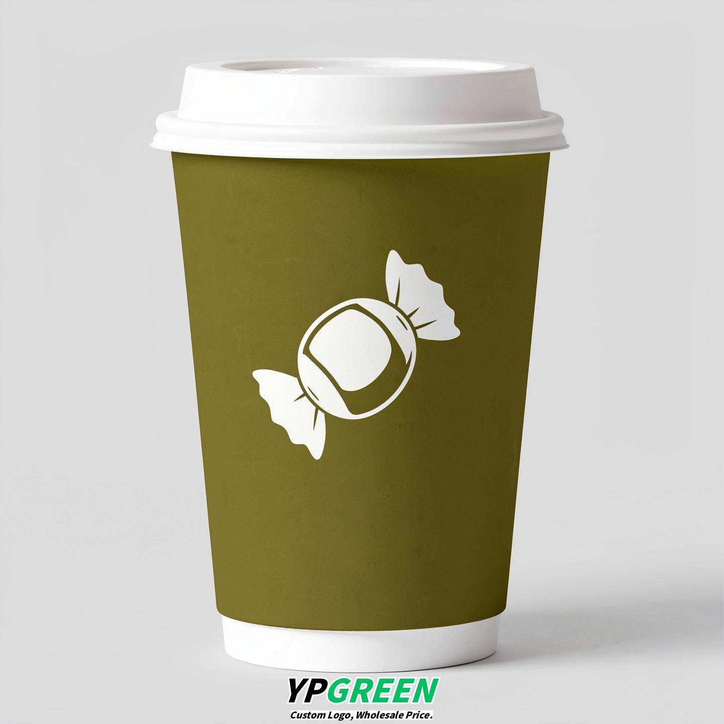 Olive Paper Cups with Candy Logo & Lids 8-24oz