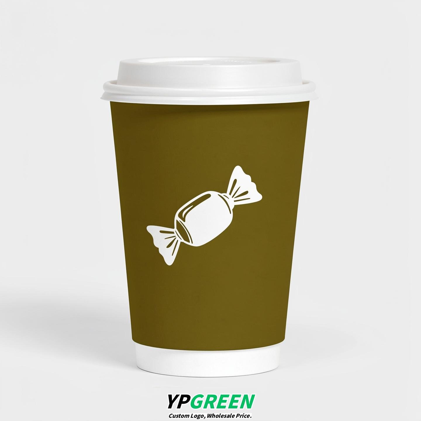 Olive Paper Cups with Candy Logo & Lids 8-24oz