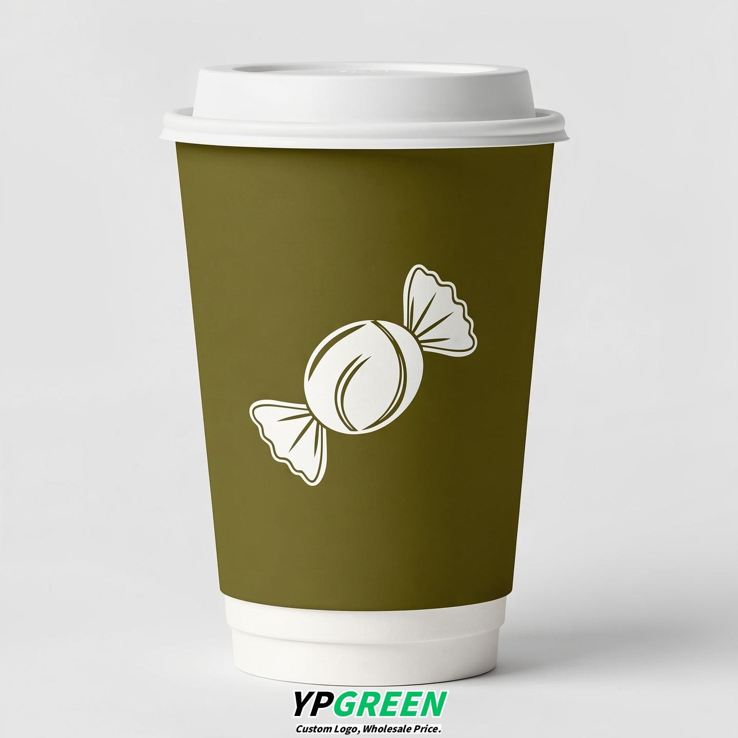 Olive Paper Cups with Candy Logo & Lids 8-24oz