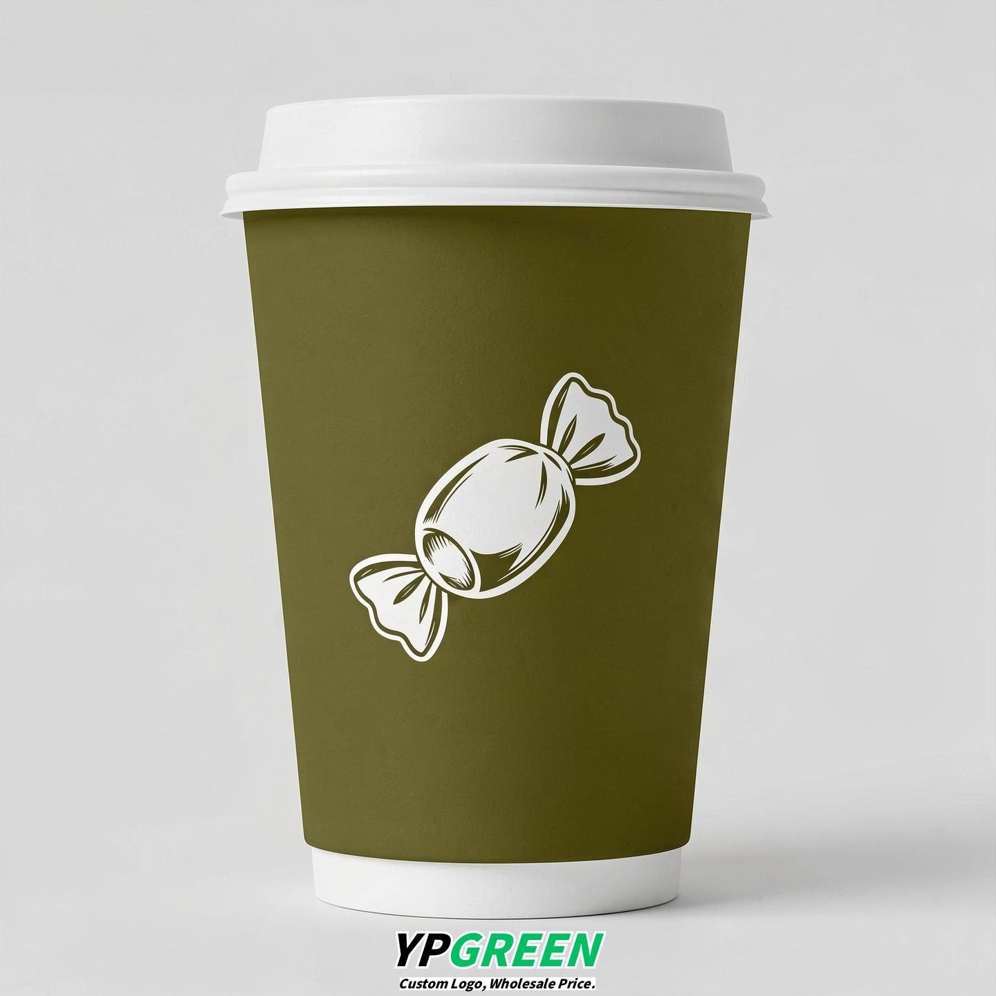 Olive Paper Cups with Candy Logo & Lids 8-24oz