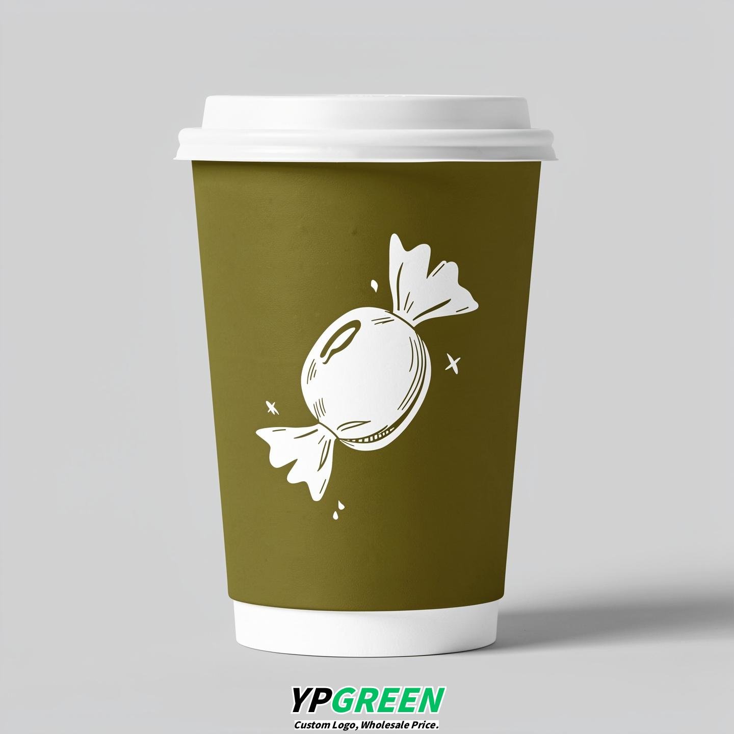 Olive Paper Cups with Candy Logo & Lids 8-24oz