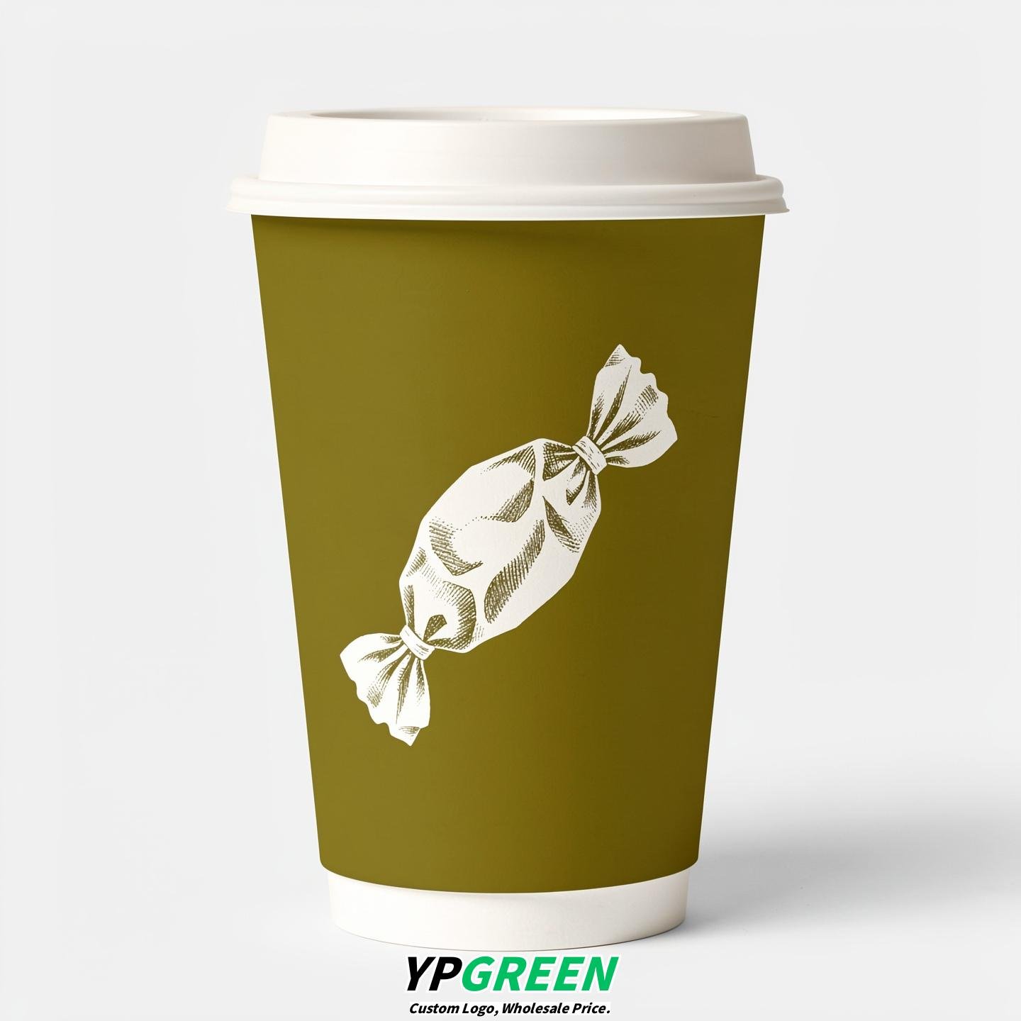 Olive Paper Cups with Candy Logo & Lids 8-24oz