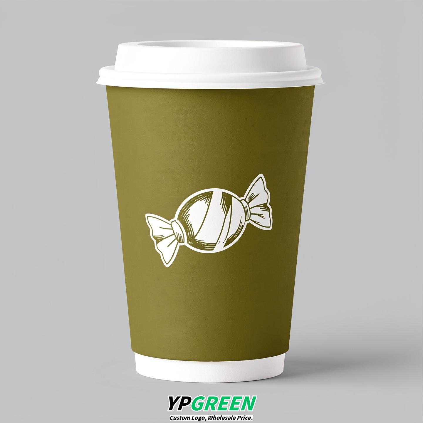 Olive Paper Cups with Candy Logo & Lids 8-24oz