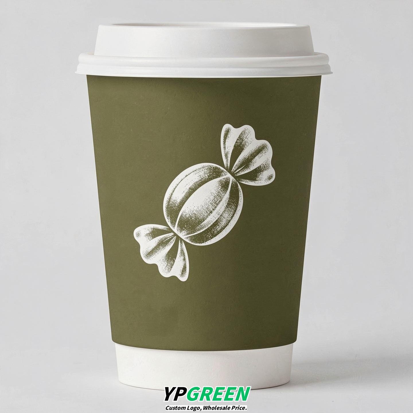 Olive Paper Cups with Candy Logo & Lids 8-24oz