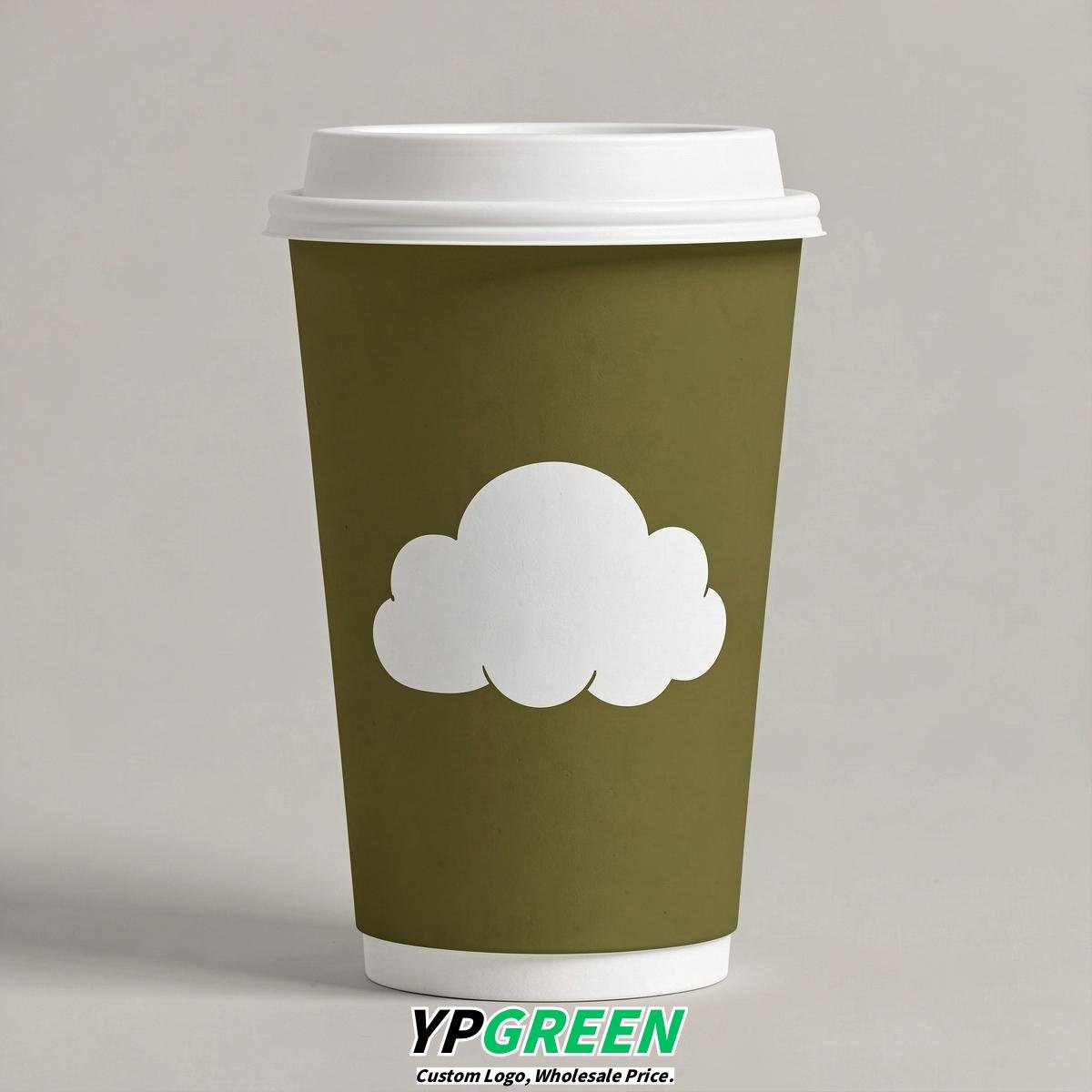 Olive Paper Cups with Clouds Logo & Lids 8-24oz