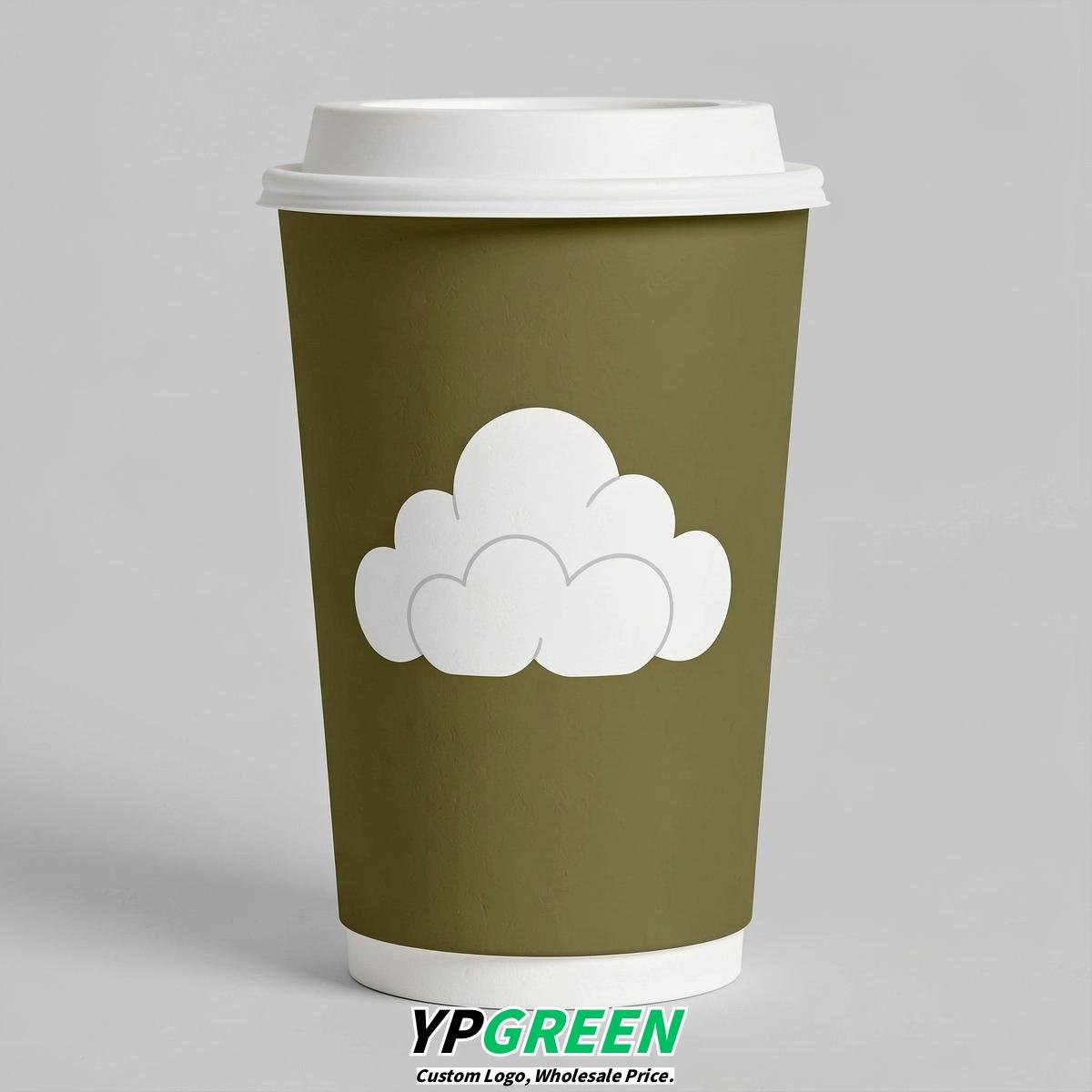 Olive Paper Cups with Clouds Logo & Lids 8-24oz