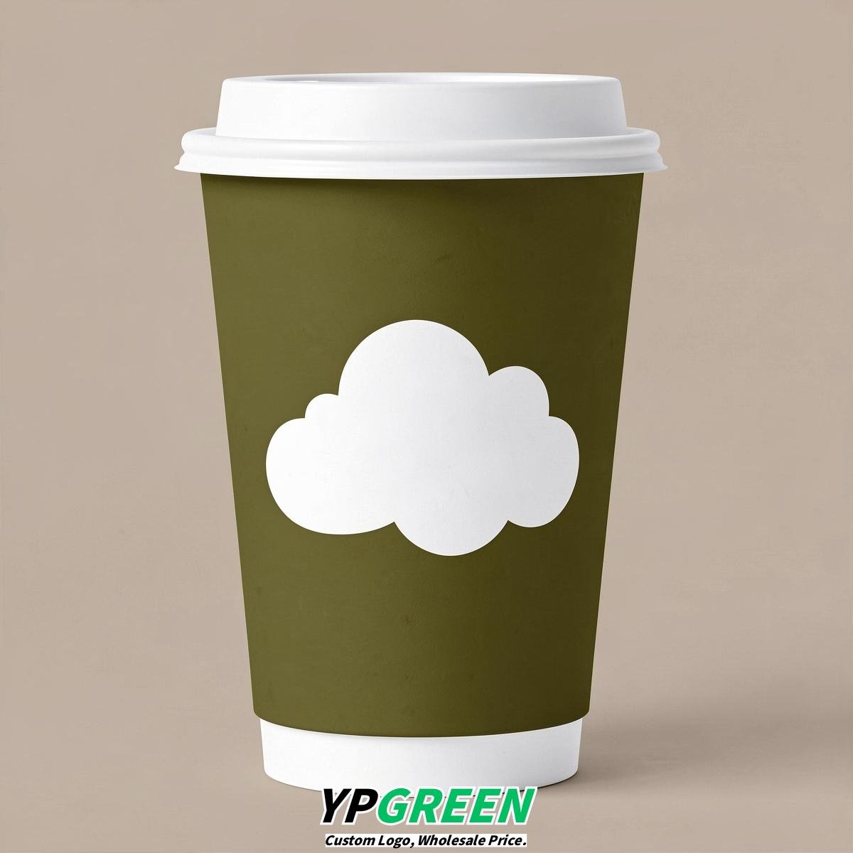 Olive Paper Cups with Clouds Logo & Lids 8-24oz