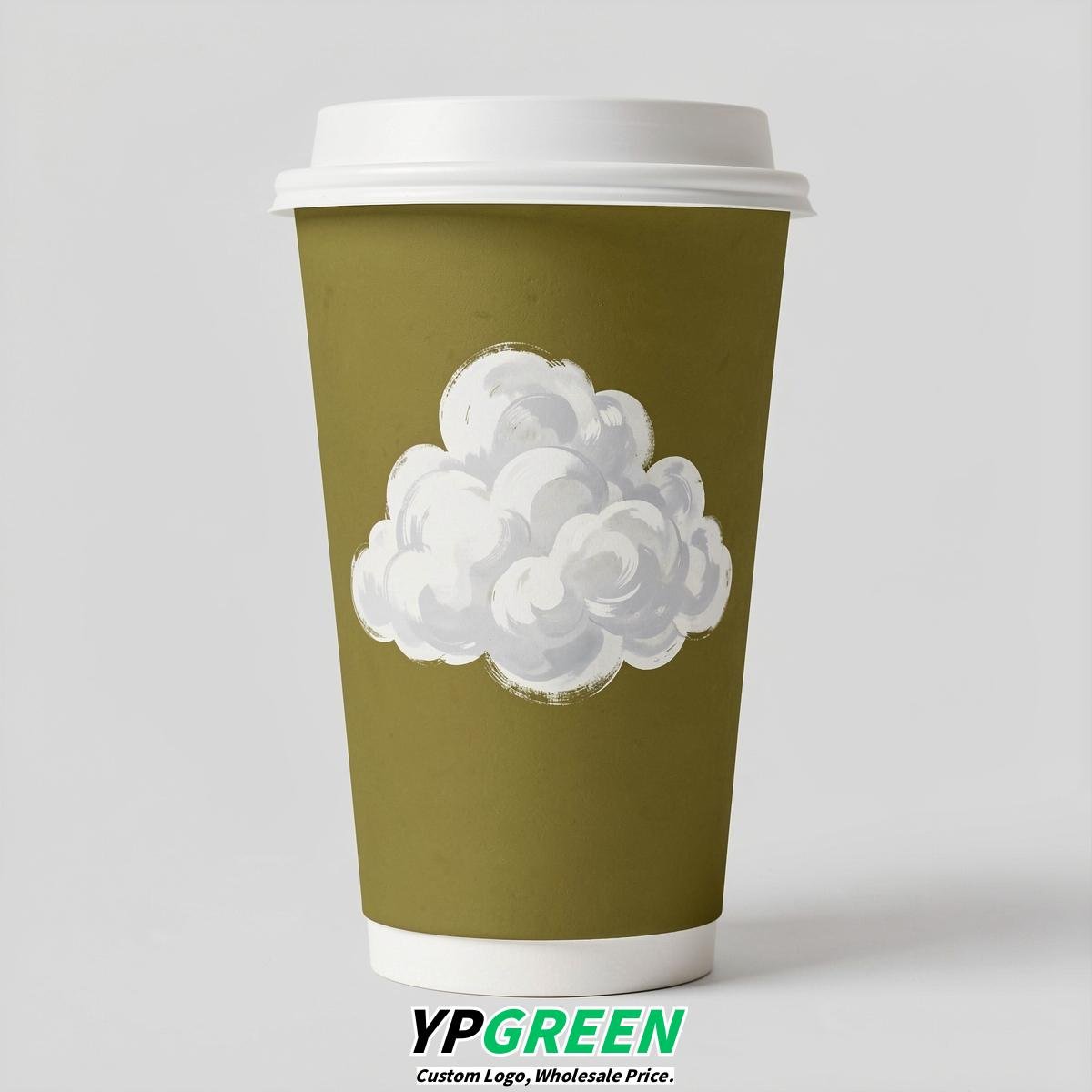 Olive Paper Cups with Clouds Logo & Lids 8-24oz