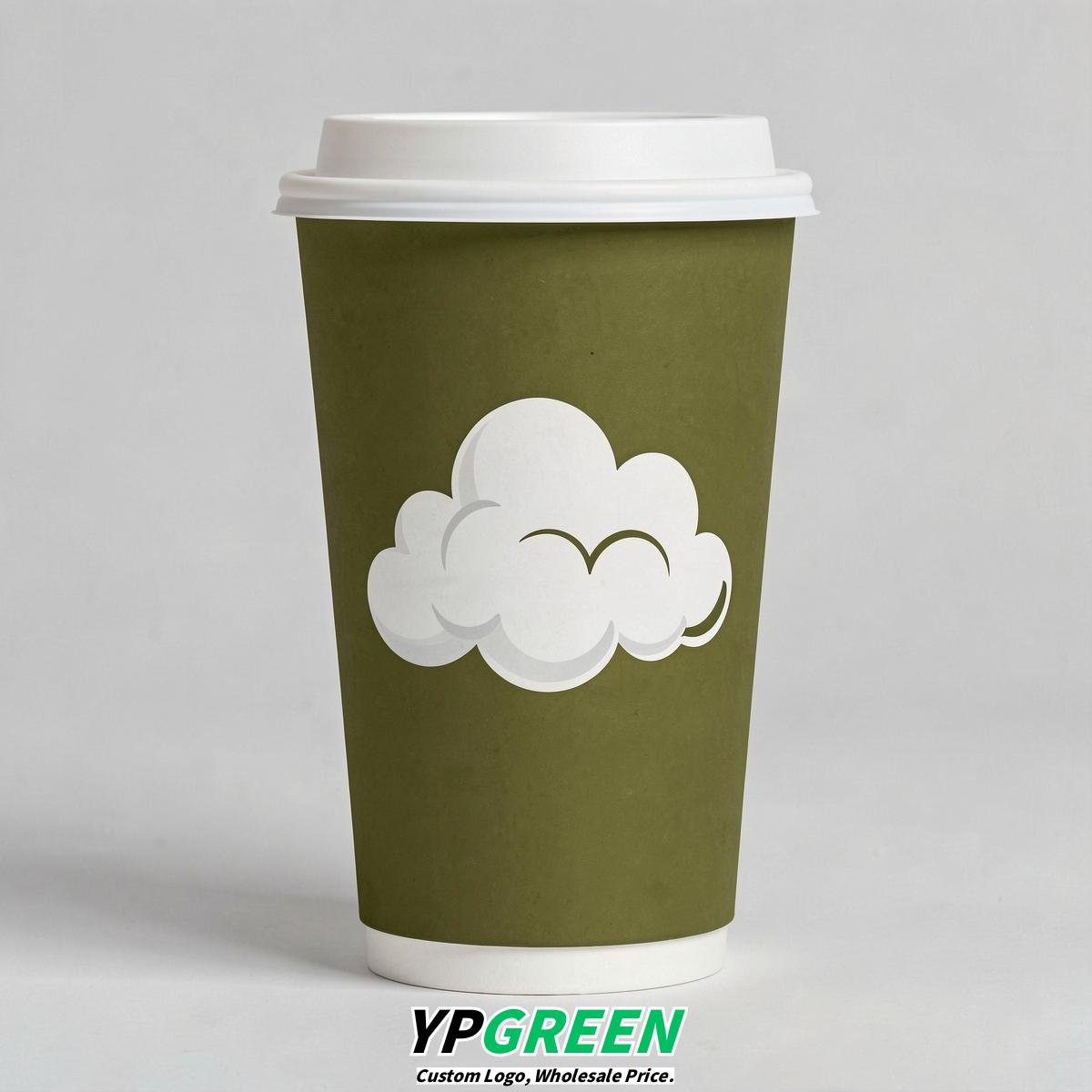 Olive Paper Cups with Clouds Logo & Lids 8-24oz