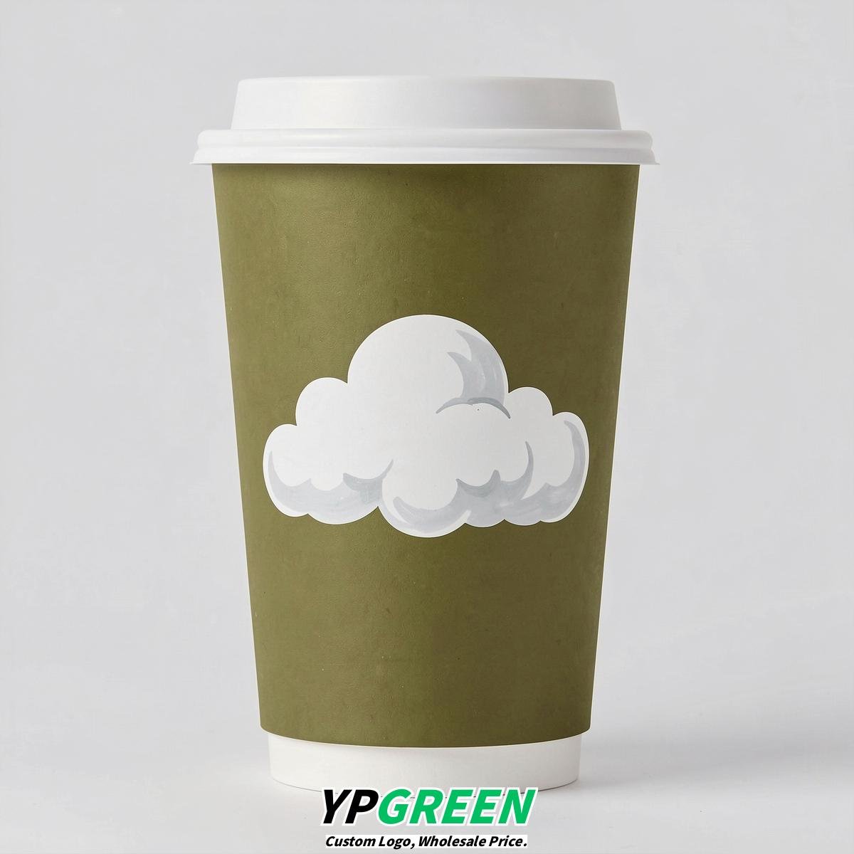 Olive Paper Cups with Clouds Logo & Lids 8-24oz