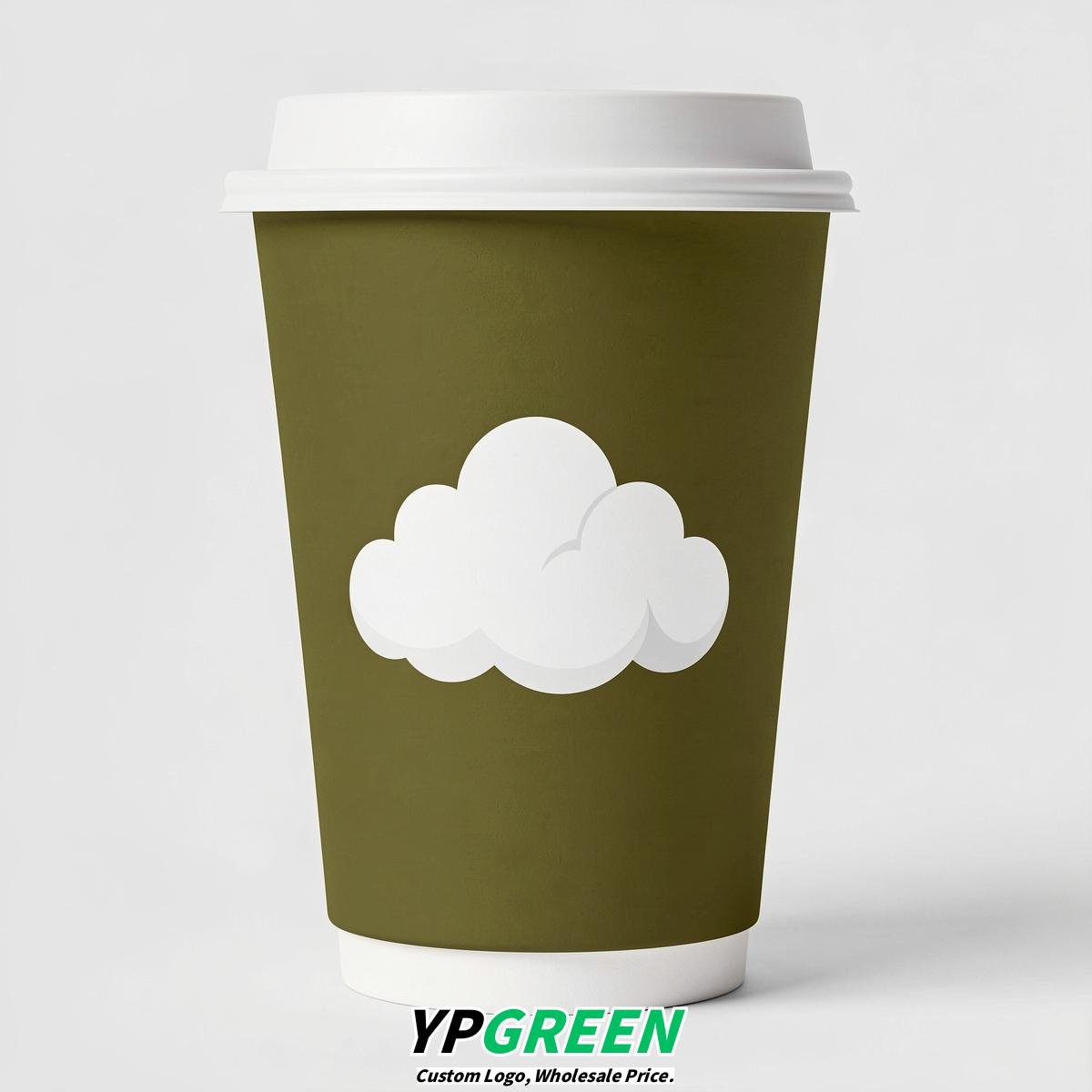 Olive Paper Cups with Clouds Logo & Lids 8-24oz