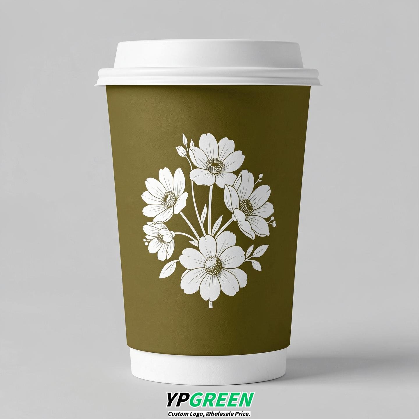 Olive Floral Paper Cups with Lids 8-24oz