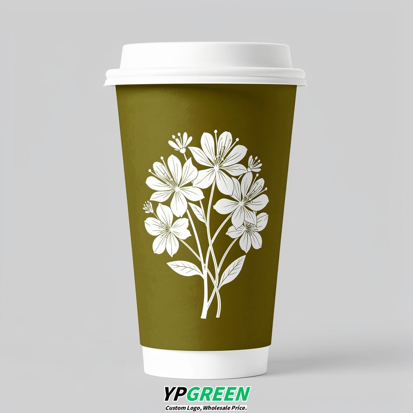 Olive Floral Paper Cups with Lids 8-24oz