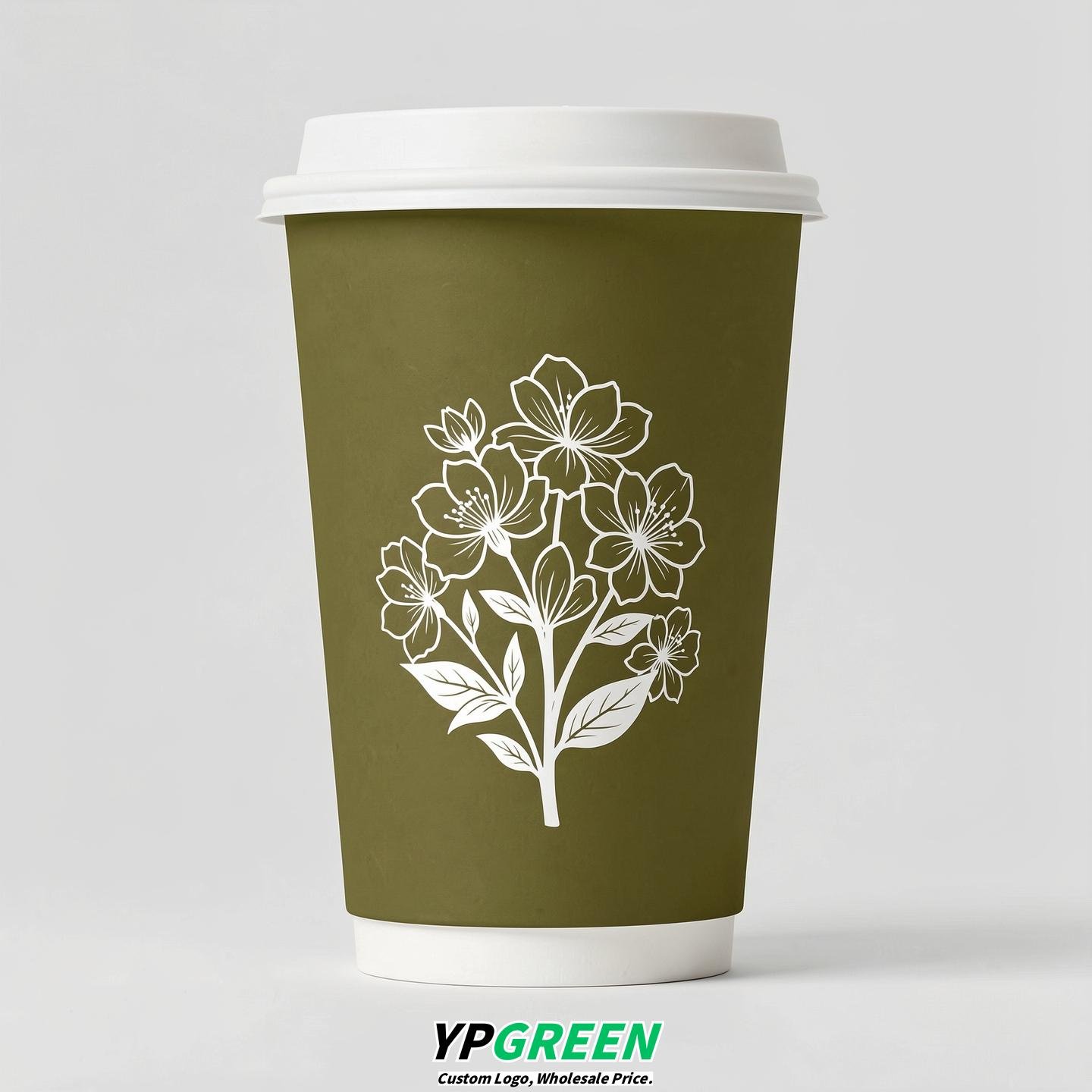 Olive Floral Paper Cups with Lids 8-24oz