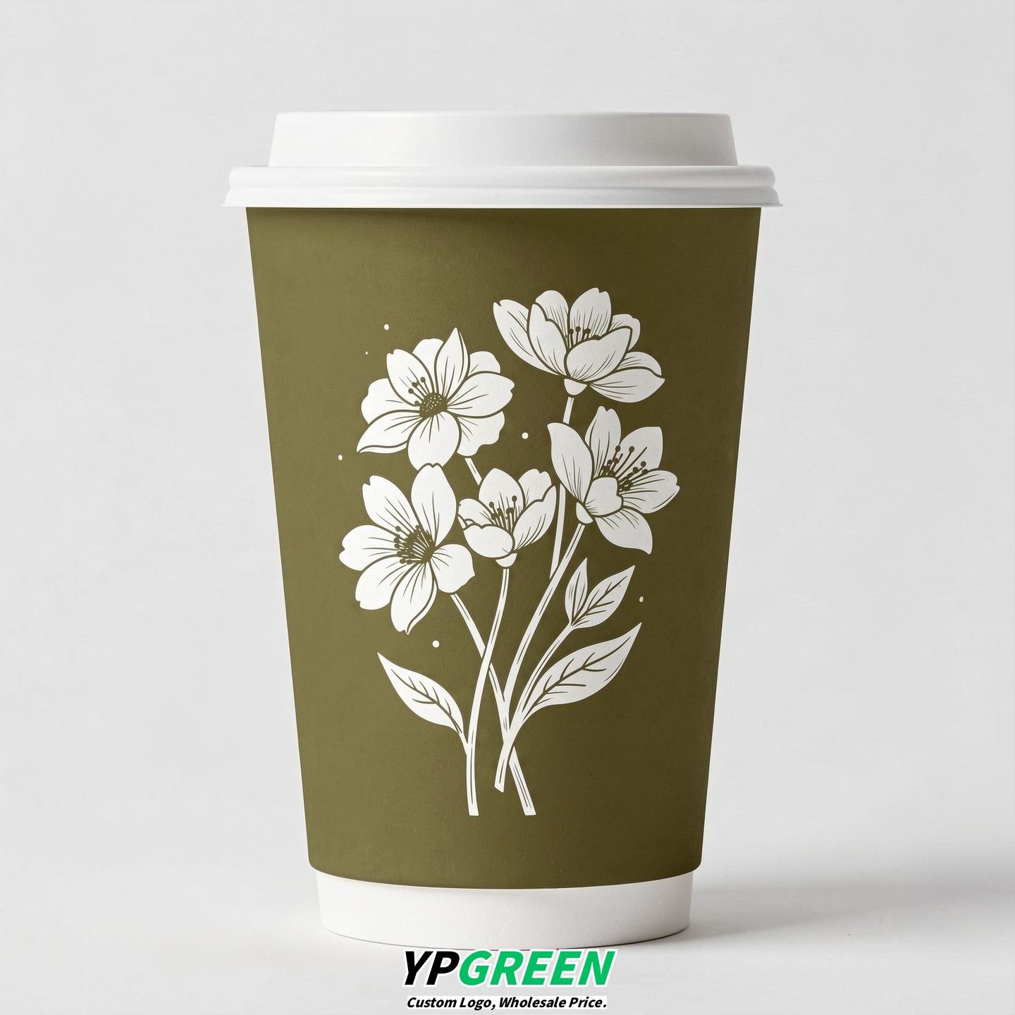 Olive Floral Paper Cups with Lids 8-24oz
