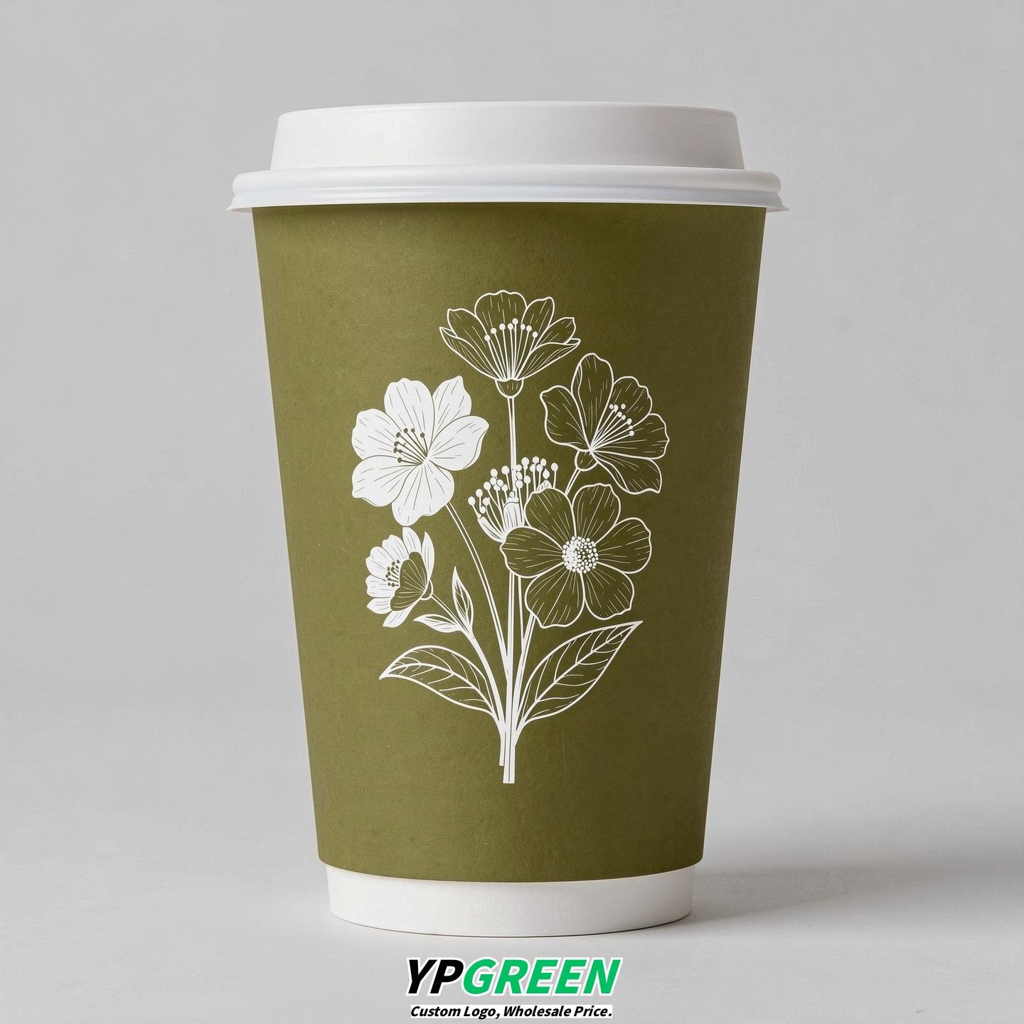 Olive Floral Paper Cups with Lids 8-24oz