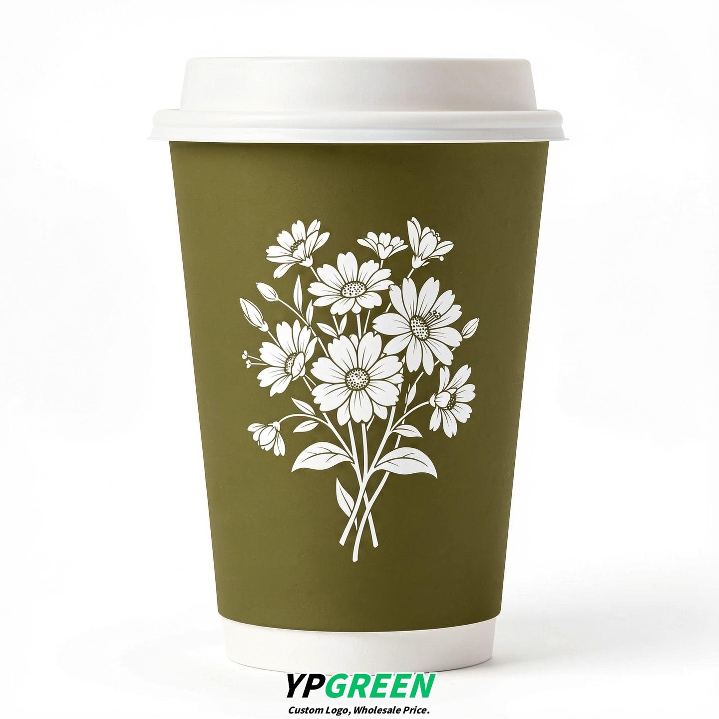 Olive Floral Paper Cups with Lids 8-24oz