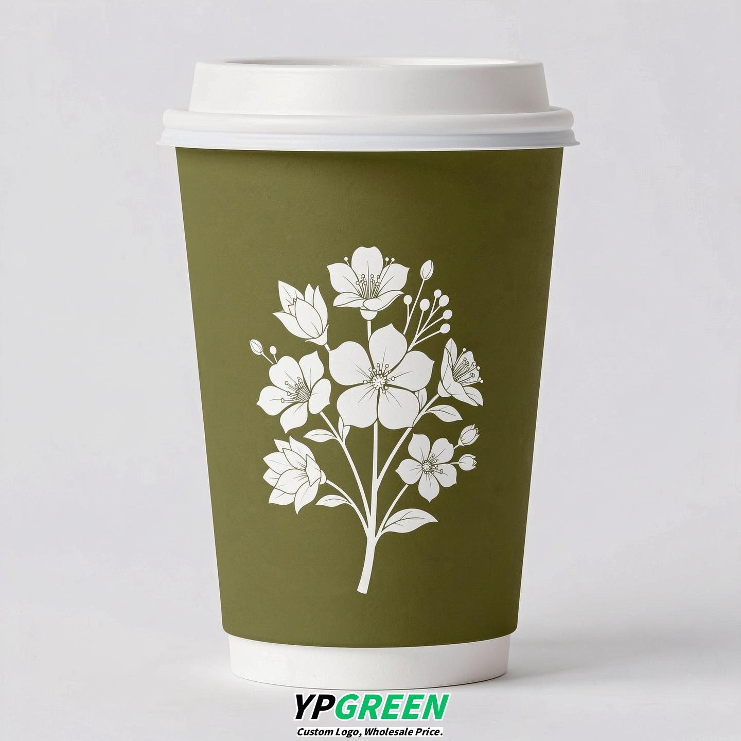 Olive Floral Paper Cups with Lids 8-24oz