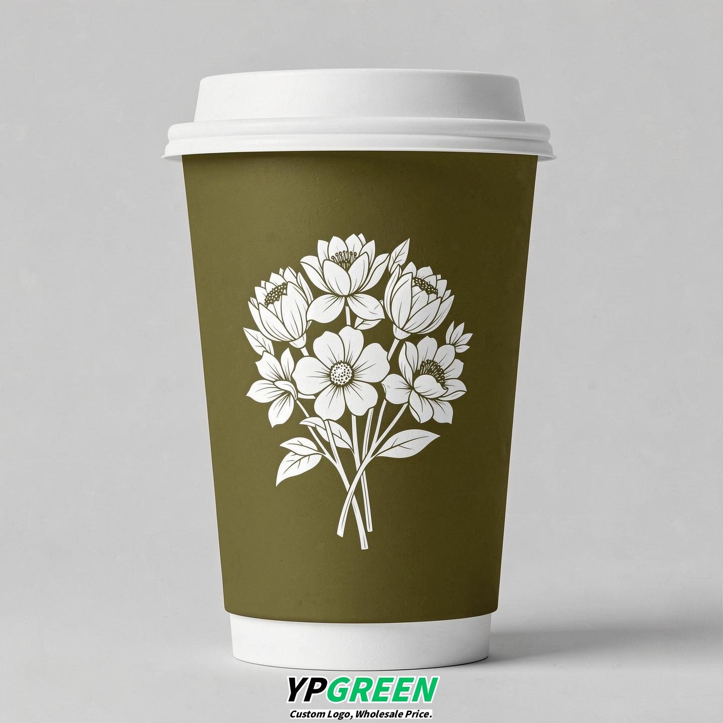 Olive Floral Paper Cups with Lids 8-24oz