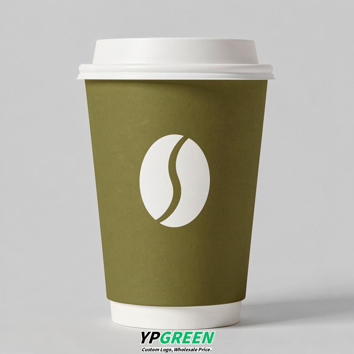 Olive Paper Coffee Cups with Coffee Bean Logo & Lids | 12-16oz