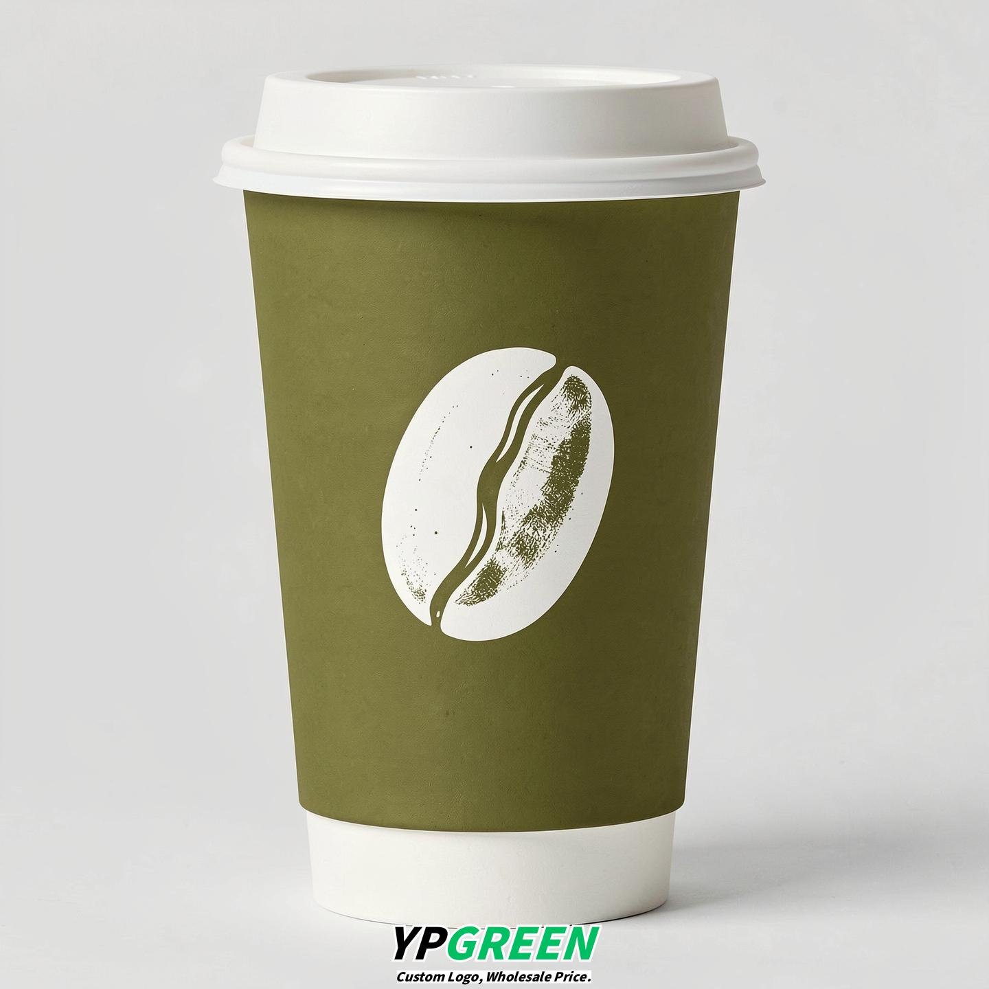 Olive Paper Coffee Cups with Coffee Bean Logo & Lids | 12-16oz