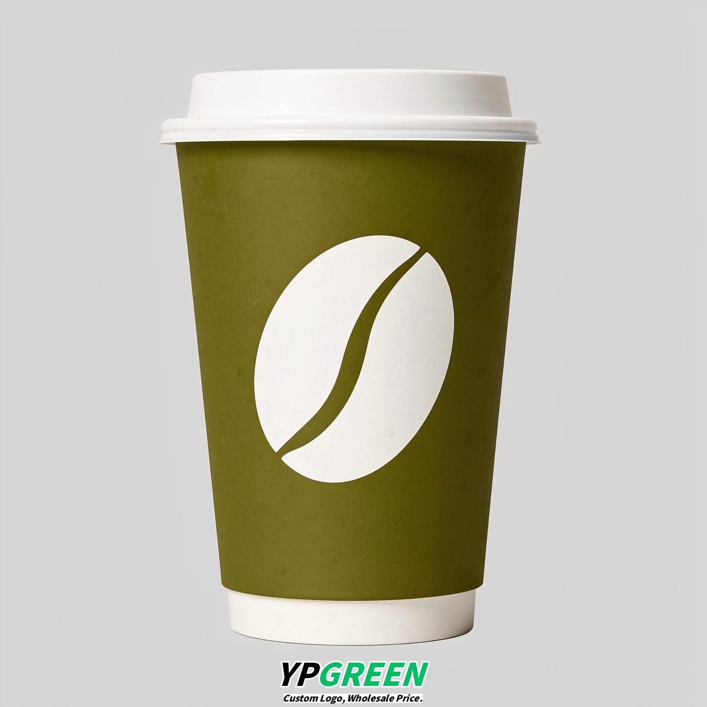 Olive Paper Coffee Cups with Coffee Bean Logo & Lids | 12-16oz