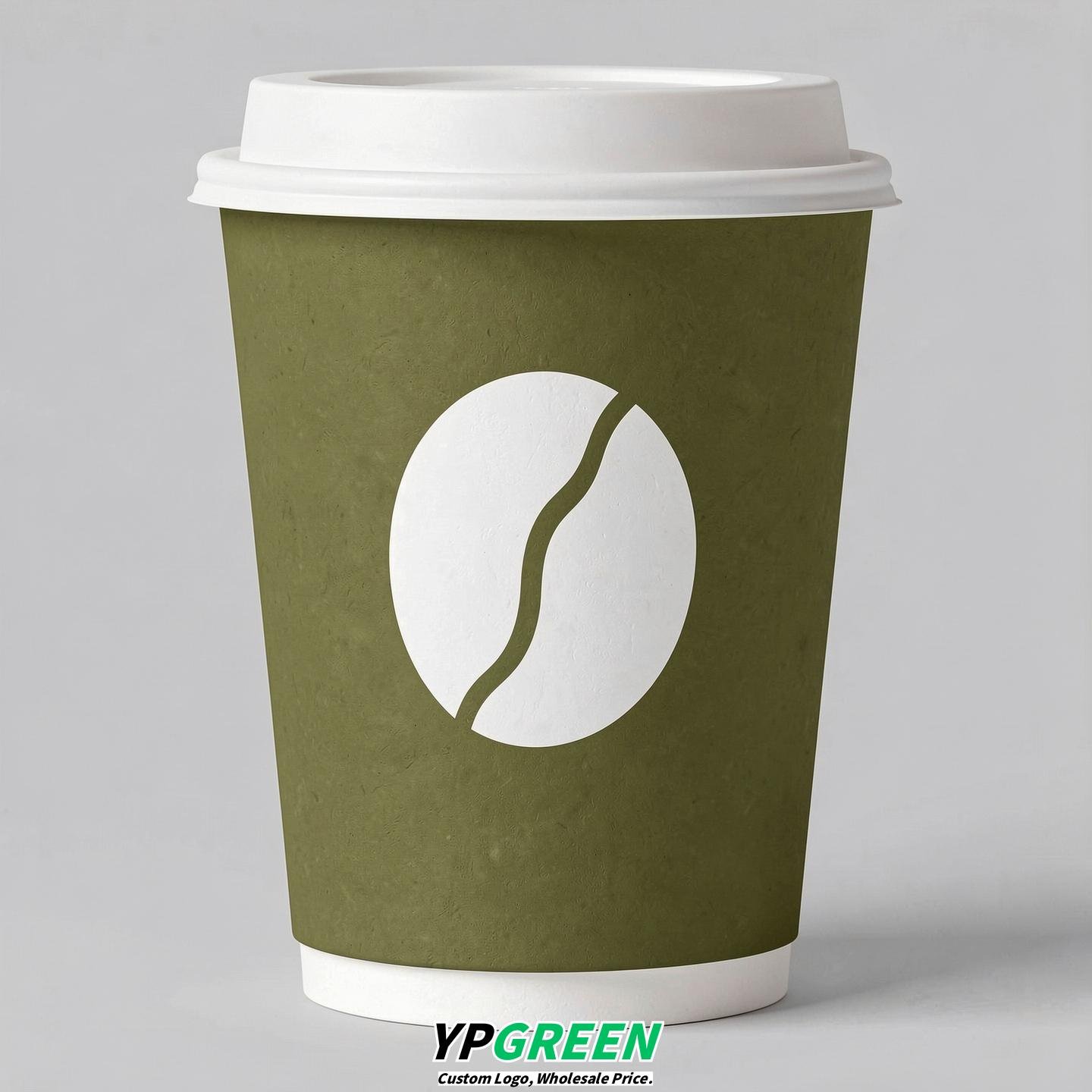 Olive Paper Coffee Cups with Coffee Bean Logo & Lids | 12-16oz