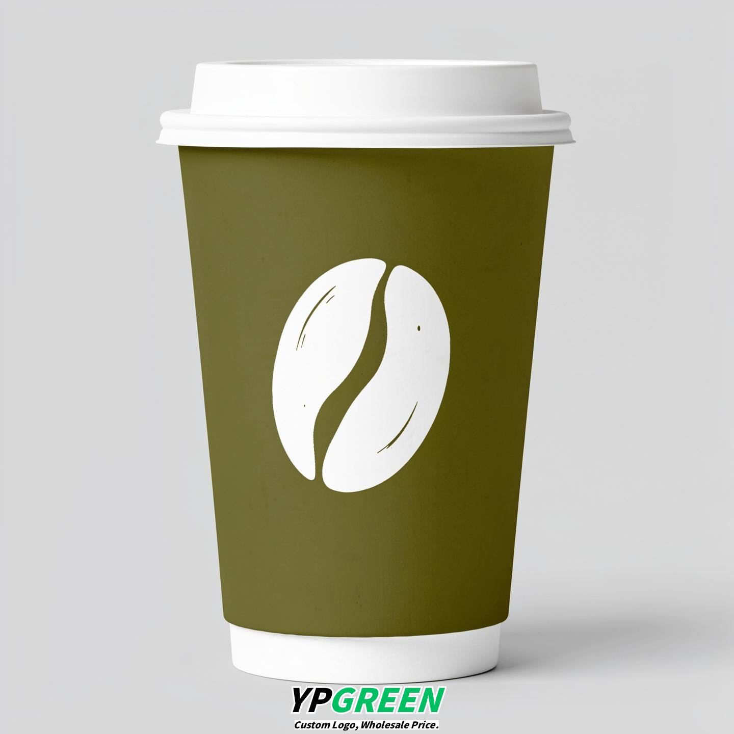 Olive Paper Coffee Cups with Coffee Bean Logo & Lids | 12-16oz