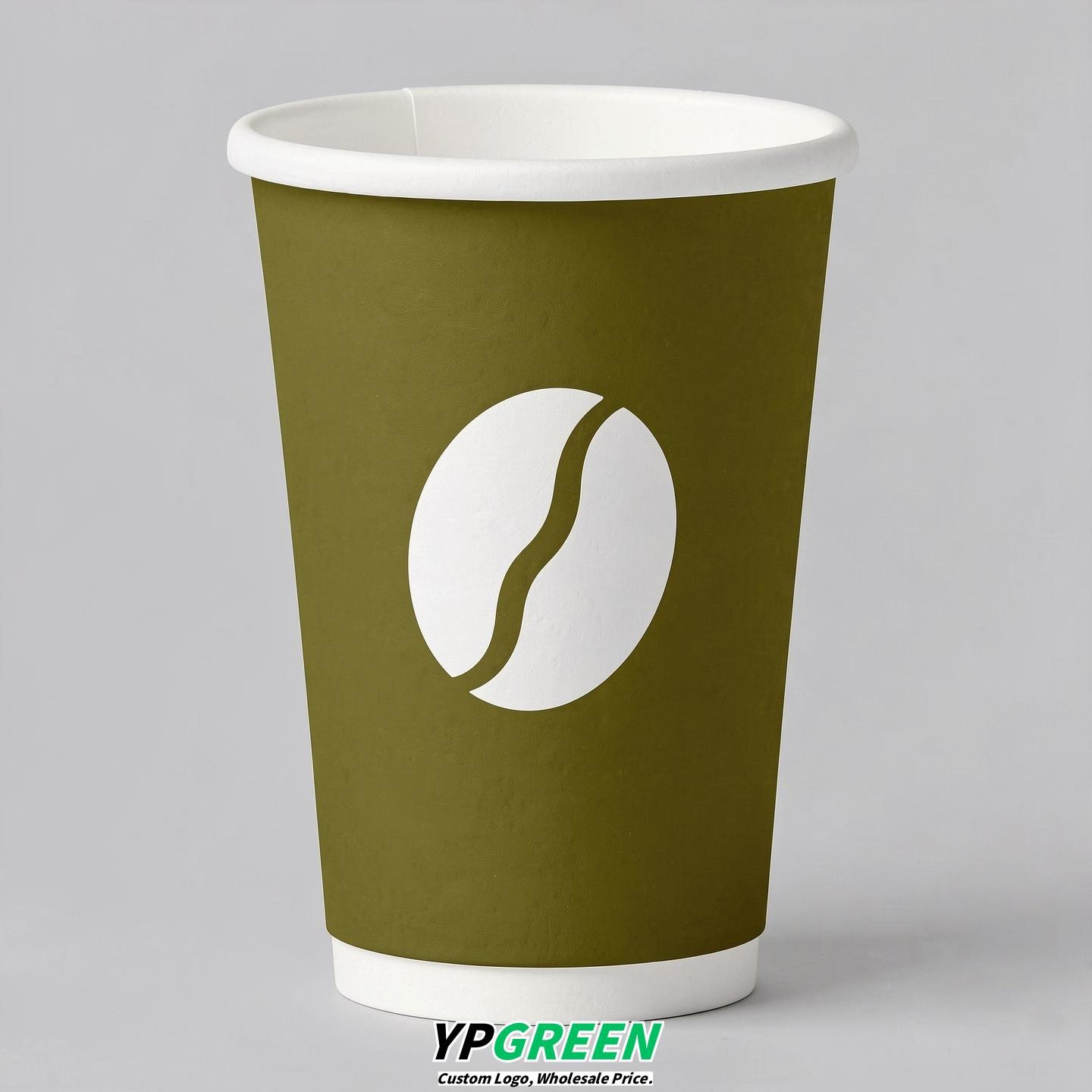 Olive Paper Coffee Cups with Coffee Bean Logo & Lids | 12-16oz